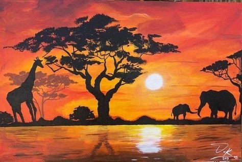 Savana Paintings, African Savannah Landscape Painting, Africa Landscape Tattoo, African Sunset Silhouette, African Safari Painting, African Landscape Tattoo, African Sunset Tattoo, Africa Landscape Painting, African Safari Tattoo