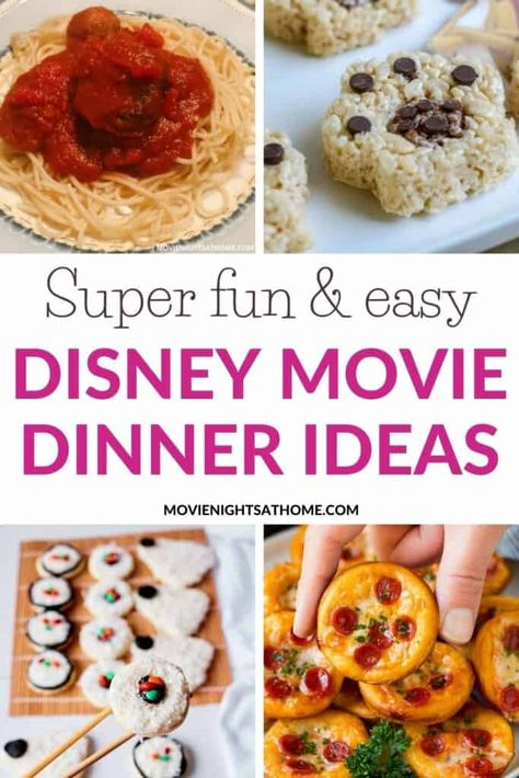 35+ Easy Disney Movie Night Dinner & Dessert Ideas Disney Appetizer Recipes, Disney Movie Theme Meals, Movie Themed Potluck, Disney Movie Meal Ideas, Disney Dinner Party For Adults, Movie Night Supper Ideas, Cars Movie Night Dinner, Ice Age Dinner And A Movie, Easy At Home Dinner Ideas