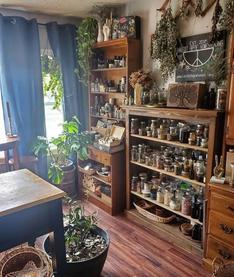 Apothecary House Decor, Witchy Pantry Ideas, Herbology Aesthetic Room, Goblincore House Interior, Witchy Work Desk, Witch Aesthetic House Decor, Herbalist Aesthetic Room, Spell Room Aesthetic, Dark Fantasy Room Decor