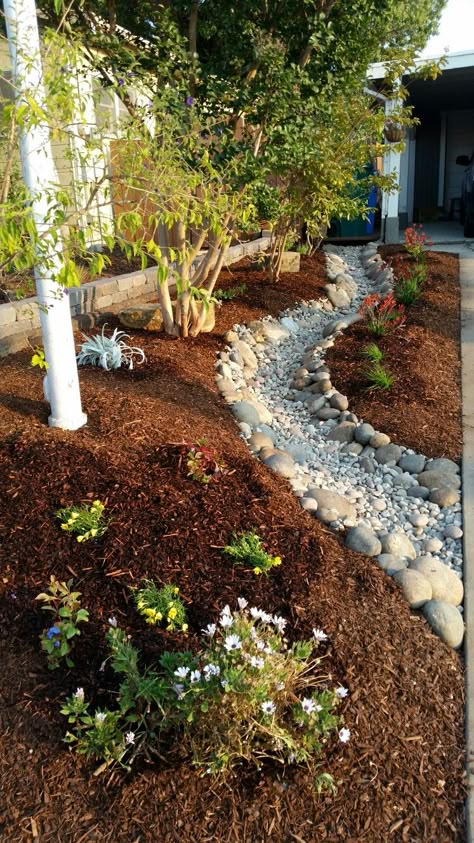 Dry Creek Bed For Drainage Downspout, Rock River Bed Landscape Design, Dry Stream Bed, Dry River Bed Landscape Yard Ideas, Dry Stream Bed Landscaping, Dry Creek Bed Landscape, Dried River Bed Landscaping, Making A Dry Creek Bed, Dry Creek Bed With Pond