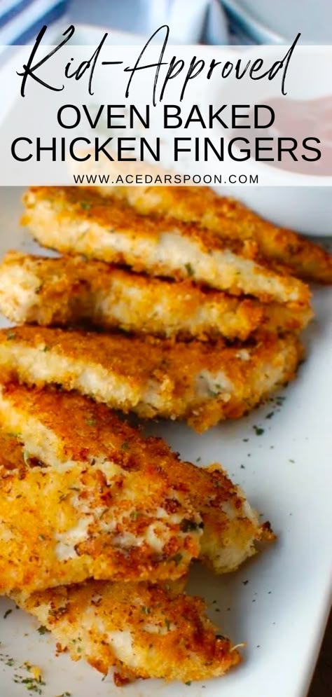 Try these delicious and nutritious oven-baked chicken fingers! Made with a crunchy panko crust and flavorful spices, this recipe is a hit with both kids and adults alike. With only a few simple ingredients, these chicken fingers are easy to make and perfect for a quick and satisfying weeknight dinner. Plus, with their wholesome ingredients and oven-baked preparation, you can enjoy these guilt-free! Easy Chicken Tenderloin Recipes, Crispy Chicken Fingers, Baked Chicken Fingers, Chicken Tender Recipes Easy, Baked Chicken Tenderloins, Chicken Tender Recipes Baked, Chicken Breast Oven Recipes, Chicken Fingers Baked, Oven Baked Chicken Tenders