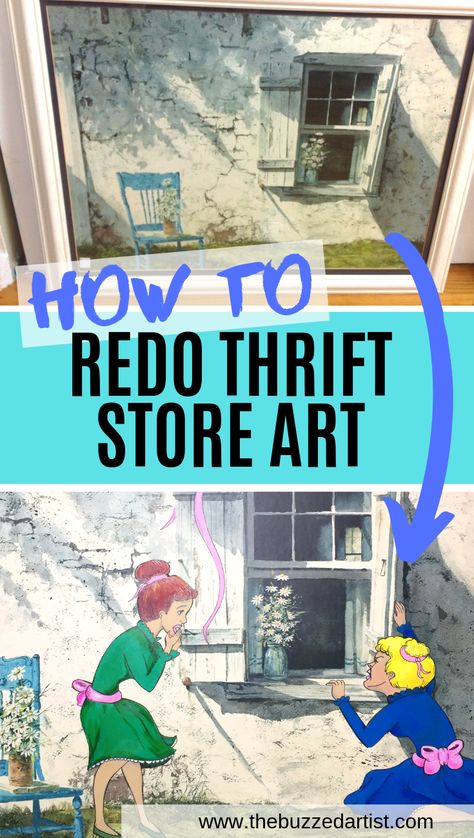 How to redo thrift store art | DIY upcycled art makeover Thrift Store Painting Makeover, Painting Over A Painting Thrift Stores, Painting Over Thrift Shop Art, Modge Podge Painting Canvas, Repurposed Thrift Store Art, Upgrade Thrift Store Art, Thrift Store Art Makeover Upcycle, Thrift Store Art Makeover Paintings, Thrift Painting Makeover