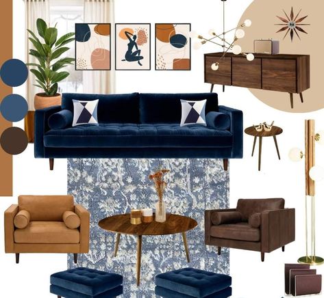 Lounge Decor Navy Sofa, Transitional Living Room Blue Couch, Navy Brown And Grey Living Room, Navy Blue Studio Apartment, Blue Living Room Brown Sofa, Sky Blue Couch Living Room, Navy Tan Living Room, Living Room Blue Couch Colour Schemes, Blue Suede Couch Living Rooms