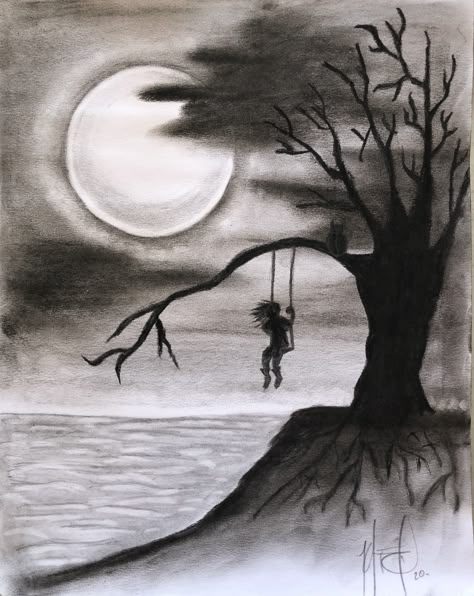 Person Hanging From Rope Drawing, Drawing Cliffs, Night View Drawing, Charcole Sketch Easy, Charcoal Sketches Easy, Tree Charcoal Drawing, Simple Charcoal Drawing, Night Scenery Drawing, Easy Charcoal Drawings