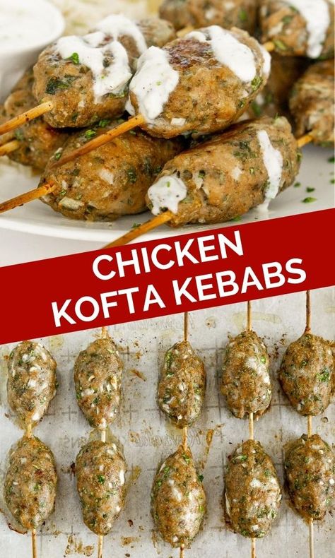 Lebanese Meatballs Recipes, Middle Eastern Kebab Recipes, Chicken Kefta Kabobs, Ground Chicken Kofta, Kofta Recipe Chicken, Chicken Kafta Kabob, Chicken Kofta Kebab, Mediterranean Ground Chicken Recipes, Mince Chicken Recipes