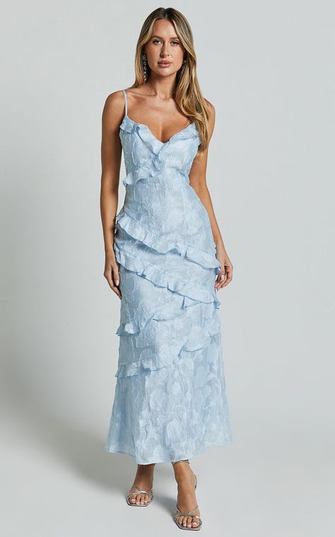 Check out @hannahgreenhill's product on Locker 🔥 Layered Tiered Dress, Unique Bridesmaids Dresses, Unique Bridesmaid Getting Ready Outfit, Light Blue Wedding Guest Dress, Mismatched Blue Bridesmaid Dresses, Light Blue Midi Dress, Sister Dresses, Party Dress Elegant, Unique Bridesmaid Dresses