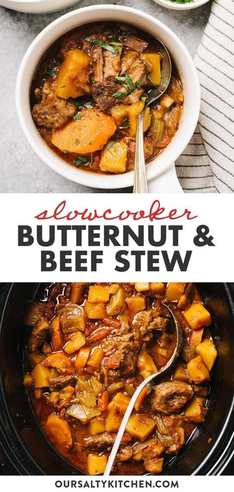 Swap white potatoes for butternut squash to transform standard beef stew into a whole new experience. Cooked low and slow in your crockpot, the beef is fall apart tender with perfectly cooked vegetables in a seasoned gravy. Just a few simple substitutions create a healthy, paleo and Whole30 approved slow cooker beef stew that's both hearty and incredibly nutritious. #crockpot #slowcooker #whole30 #paleo #whole30stew #paleorecipes Beef Stew Butternut Squash, Fall Stews And Soups Crockpot, Beef And Butternut Squash Stew Slow Cooker, Butternut Squash Whole 30 Recipes, Fall Dinner Recipes Slow Cooker, Beef Squash Stew, Butternut Squash Recipes Crockpot Slow Cooker, Healthy Crockpot Recipes Vegetables, Crockpot Healthy Fall Recipes