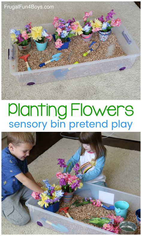 Planting Flowers Sensory Bin - Pretend play idea for preschoolers, great fine motor practice #spring #kidsactivities #preschool #sensorybin Sensory Table Ideas, Fine Motor Practice, Preschool Spring, Preschool Sensory, Sensory Bin Ideas, Sensory Ideas, Toddler Sensory, Spring Preschool, Sensory Table