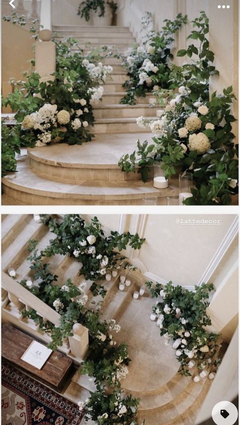 Stairs Floral Decor, Staircase Floral Installation, Wedding Flowers Staircase, Wedding Stairs Flowers, Stair Flowers Wedding Staircases, Stair Flowers Wedding, Staircase Flowers Wedding, Staircase Florals, Stairs Flowers