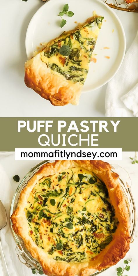 Easy puff pastry quiche that is healthy to make for an easy brunch or breakfast! Like quiche lorraine but with bacon or no bacon for a vegetarian quiche recipe. No cheese option for dairy free quiche with spinach. Fall Quiche Recipes, Quiche Filling Ideas, Spinach Bacon Quiche, Puff Pastry Quiche, Bacon Quiche Recipe, Bacon Spinach Quiche, Impossible Pies, Broccoli Bacon, Delicious Quiche