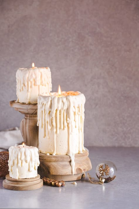 Christmas Dripping White Chocolate Candle Cakes - The Kate Tin Rum Buttercream, Candle Cakes, Winter Torte, Healthy Halloween Snacks, Pane Dolce, Chocolate Candle, Cake Drawing, Sticky Toffee Pudding, Healthy Halloween