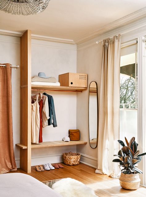 6 Budget-Friendly Decor Tricks Hiding in a Playful New Hotel Solution For No Closet In Bedroom, Open Closet Guest Room, Open Space Above Closet, Guest Room With No Closet, Closet For Small Spaces, Closet Without Doors, Cobalt Blue Bedrooms, Hotel Closet, Exposed Closet