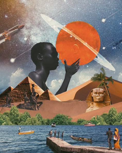 Black Surrealism Art, Afro Futurism Graphic Design, Afrofuturism Art Black Women, Afrofuturism Collage, Afrofuturism Art Illustrations, Futurism Art Painting, African Art Aesthetic, Afro Futurism Aesthetic, Black Futurism