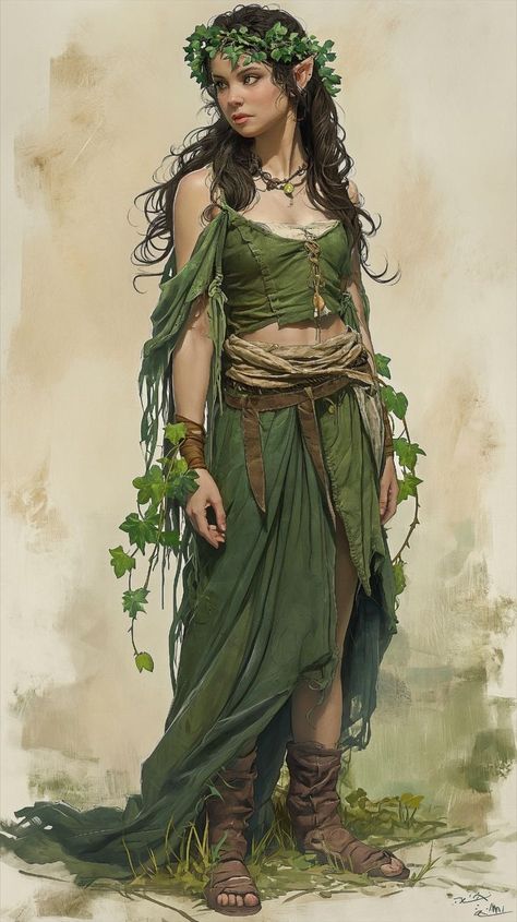 Female Druid Character Design, Druid Elf Female, D&d Druid, Female Druid Dnd, Wood Elf Druid Female, Druid Oc, Half Elf Druid, Dryad Costume, Druid Dnd