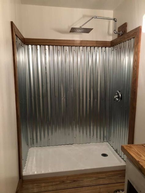 Corner Shower Remodel, Shower Pictures Ideas, Galvanized Shower, Paint The Ceiling, Tin Siding, Rustic Bathroom Shower, Rustic Bathroom Remodel, Shower Pictures, Barn Bathroom