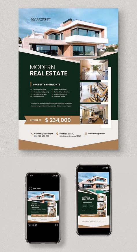 Modern Real Estate Flyer Template PSD, AI + Instagram Post and Story Design Hotel Marketing Design, Food Web Design, Html Email Templates, 잡지 레이아웃, Modern Real Estate, Real Estate Advertising, Real Estate Marketing Design, Graphic Design Brochure, Real Estate Ads