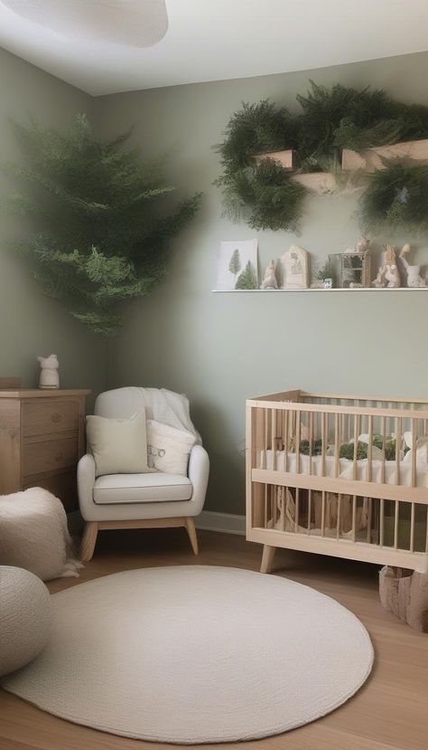 Woodland nursery with greenery and natural accents. Sage Neutral Nursery, Dark Green Nursery, Light Green Nursery, Woodland Nursery Ideas, Nature Nursery, Natural Nursery, Green Nursery, Neutral Nursery, Woodland Nursery