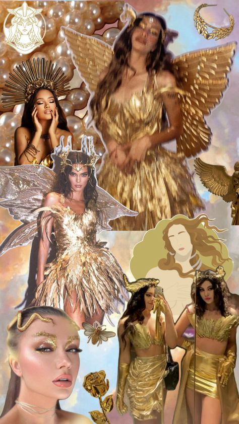 Halloween Goddess Idea 2024 Goddess Theme Party Outfit, Sun Goddess Aesthetic Outfit, Psyche Costume, Goddess Theme Party, Greek Godesses Aesthetic, Goddess Makeup Halloween, Goddess Inspired Outfits, Gold Goddess Costume, Golden Goddess Costume