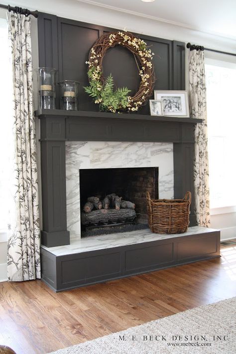 Grey Fireplace, Fireplace Update, Brick Fireplace Makeover, Paint Fireplace, Black Fireplace, Small Fireplace, Fireplace Remodel, Trendy Living Rooms, Diy Fireplace