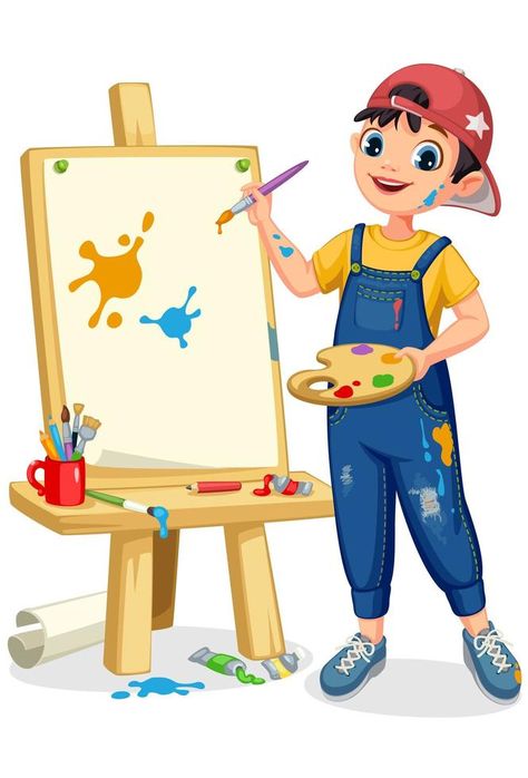 Cute artist little boy painting on canvas Cartoon Pictures For Kids, Artist Clipart, Paint Clipart, Painting Clipart, Drawing Pictures For Kids, Boy Painting, Artist Cartoon, Cartoon Artist, School Wall Art