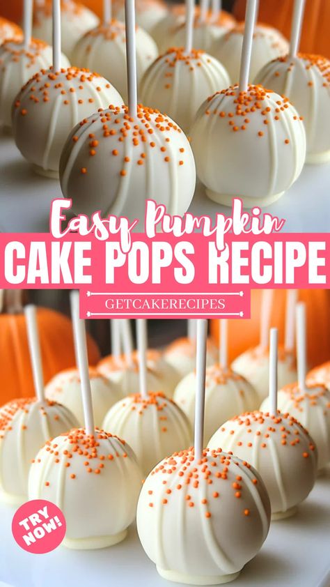 Easy Pumpkin Cake Pops | getcakerecipes Easy Pumpkin Cake, Cake Pop Receita, Perfect Cake Pops, Pumpkin Cake Easy, Pumpkin Cake Pops, Cake Pop Recipes, Cake Pops Recipe, Halloween Cake Pops, Cake Ball