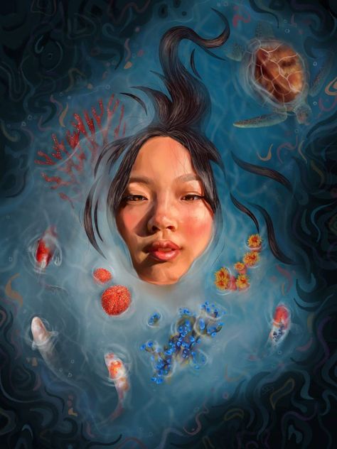 Face Floating In Water, Face In Water Painting, Ocean Awareness Art, Head Above Water Drawing, Face In Water Drawing, Water Pollution Painting, Water Pollution Art, Ocean Pollution Art, From Above Reference