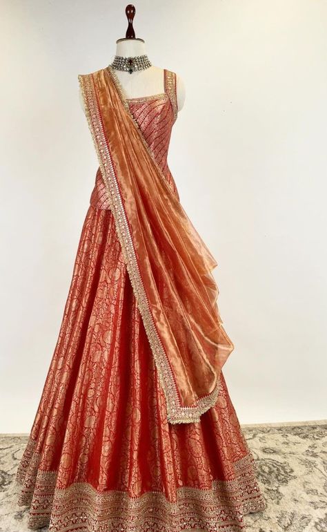 Long Blouse And Lehenga, Long Blouse Lehenga Choli, Lehenga Blouse Models Latest, Pastel Orange Lehenga, Red Langa Voni Half Saree, Lehenga Made From Saree, Maharashtrian Blouse Design, Banarsi Lehnga Designs, Mehendi Outfits For Bridesmaid