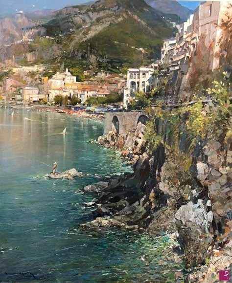 Mediterranean Paintings, Practice Painting, Italy Sea, Sidi Bou Said, Small Canvas Paintings, Rocky Shore, Sea Painting, Coastal Landscape, Tuscany Italy