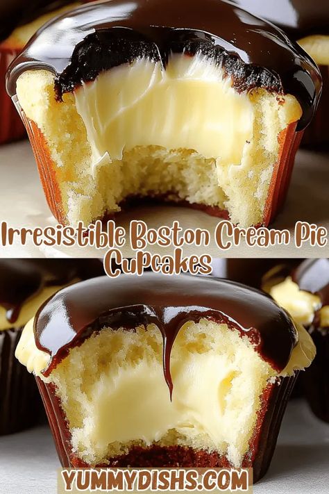 Boston Cream Pie Cupcakes Two Flavor Cupcakes, Cupcake Recipes Yellow Cake, Boston Cream Pie Cupcakes Recipe, Boston Crème Pie Cupcakes, Boston Cream Recipes, Yellow Cupcakes Ideas, Boston Cream Cupcakes Easy, Boston Cream Filling, Cupcake Filling Ideas