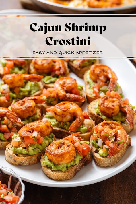 These Cajun Shrimp Crostini bites are an easy crowd pleasing appetizer that comes together in less than 30 minutes. Toasted baguette is topped with guacamole, fresh salsa, and spicy cajun shrimp. These make delicious party finger food or a fun and fancy movie night snack all year round! Shrimp Crostini, Fancy Party Food, Bruchetta Appetizers, Cajun Appetizers, Spicy Cajun Shrimp, Enchanted Forest Ideas, Chicken Hand Pies, Balanced Dinner Ideas, Fancy Appetizer Recipes