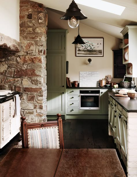 Kitchen: John designed the units, which were made by Mark Stone’s Welsh Kitchens. The worktops are made from hammered black granite. Small Cottage Interiors, Casa Country, Cottage Inspiration, Cottage Kitchens, Cottage Interior, Green Cabinets, Dream Cottage, Cottage Interiors, Bedroom Remodel