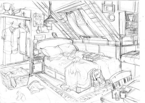 Manga Bedroom Drawing, Drawing Bedroom Sketches, Bedroom Sketch Drawings, Bedroom Perspective Drawing, Drawing Of Room, Room Drawings Sketches, Bedroom Drawing Sketches, People As Cartoons, Impressive Sketches