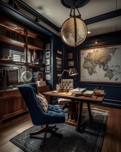 Discover the ultimate guide to crafting the perfect study desk setup; your blueprint to ergonomic and aesthetic solutions for productive study sessions! Coastal Apartment Decor, Nautical Office Decor, Modern Farmhouse Ideas, Modern Home Offices, Study Room Design, Small Home Offices, Home Library Design, Library Design, Home Office Setup