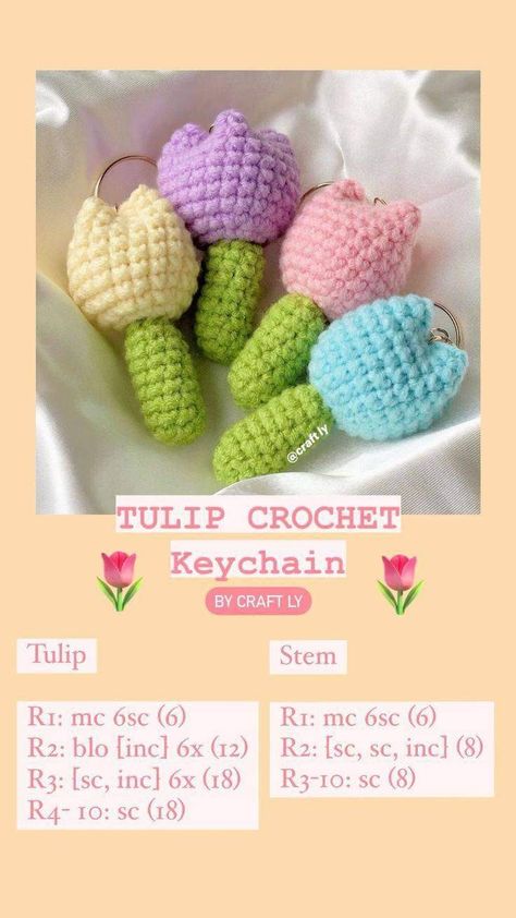 Crochet Ideas Small Yarn, Crochet Patterns Tulip, How To Make Crochet Tulips, Stitch Keychain Crochet Pattern, Crochet Tulip Keychain Pattern, Tulips Crochet Pattern, Tulip Crochet Pattern Free, Crochet Patterns Free Keychain, Tulip Pattern Crochet