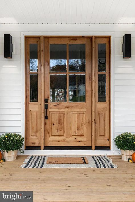 Farmhouse Side Door Entry, Front Farmhouse Door, Knotty Pine Front Door, Wooden Farmhouse Front Door, Big Wood Front Door, Front Doors For Barndominium, Spanish French Doors, White House Wood Door Exterior, Light Wooden Front Door