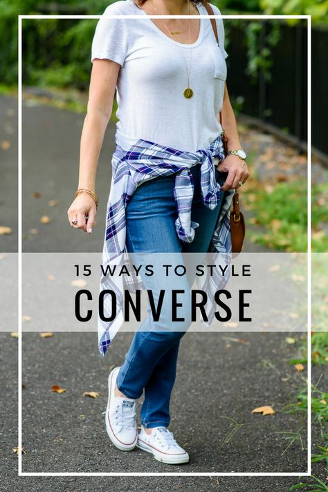 15 Ways to Style Converse: I get a lot of questions about how to style Converse sneakers so I thought I'd gather up all the ways I've styled them over the past couple of years. I wear mine a lot! They're so comfortable and practical, and I love how easy they are to slide on and go. #fashion #outfits #springoutfits #momoutfits #fallfashion #momfashion Ways To Style Converse, Style White Converse, How To Style Converse, White Converse Outfits, White Converse Shoes, Tenis Converse, Outfits Comfy, Fall Family Photo Outfits, Easy Outfits