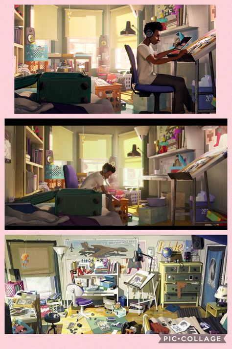 Spiderman Spiderverse Concept Art, Spiderverse Art Concept, Miles Room Spiderverse, Spiderverse Concept Art Miles, Into The Spiderverse Environment, Spider Verse Bedroom, Spider Verse Environment, Miles Morales Apartment, Stranger Things Concept Art