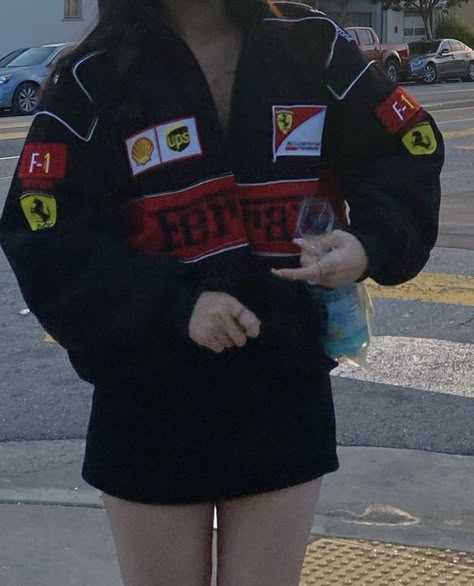 will be available soon in our website...visit us to make sure u notice when are we opening🤐👀 Ferrari Jacket Outfit, Racing Jacket Outfit, Black Ferrari, Ferrari Girl, Ferrari Vintage, Vintage Racing Jacket, Ferrari Jacket, Race Outfit, Sporty Jacket