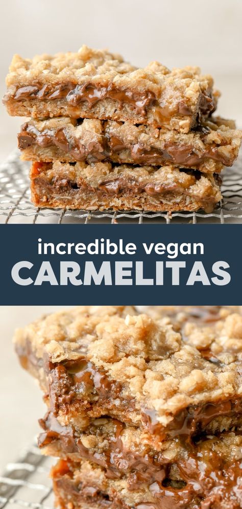 Vegan Carmelitas Gluten Free Carmelita Bars, Vegan Caramel Dessert, Vegan Treats Recipes, Vegan Gf Dessert Recipes, Vegan Bar Recipes, Vegan Bars Dessert, Vegan Caramel Cookies, Delish Recipes Desserts, Vegetarian Desserts Easy