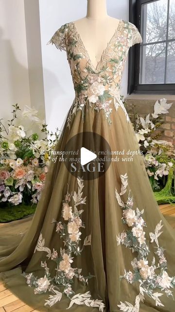 Flora And Lane Wedding Dress, Flora And Lane Dresses, Flora And Lane, Green Bridal Dress, Ethereal Forest, Forest Queen, Queen Wedding, Queens Wedding, Fantasy Wedding