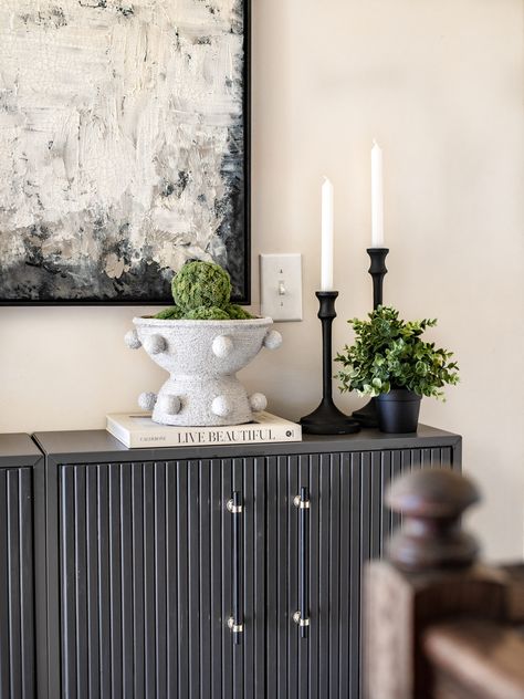 Eket Dining Room, Diy Fluted Sideboard, Rachel Carrasco, Eket Hack Ikea, Ikea Buffet Hack, Eket Ikea Hacks, Ikea Eket Hack, Ikea Buffet, How To Decorate A Sideboard