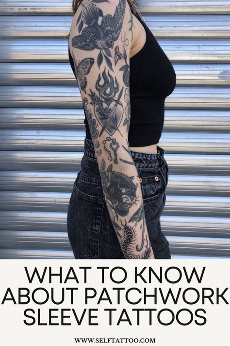 patchwork sleeve tattoo ideas for women, patchwork sleeve tattoo for men. a guide to patchwork sleeve tattoos, cohesive patchwork sleeve tattoos Traditional Tattoo Arm, Flash Tattoo Sleeve, American Traditional Sleeve, Unique Half Sleeve Tattoos, Shoulder Sleeve Tattoos, Full Tattoo, Traditional Style Tattoo, Patchwork Tattoo, Full Arm Tattoos