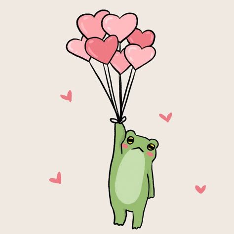 Love Frog Drawing, Drawing Frog Cute, Cute Balloon Drawing, Cute Toad Drawing, Cute Valentines Doodles, Cute Frogs Drawing, Balloon Frog, Cute Frog Illustration, Happy Birthday Frog