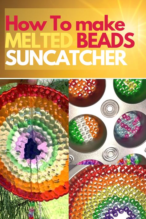 How To Make Sun Catchers With Beads, Melted Bead Wind Chimes Diy, Melted Bead Suncatcher Diy, Pony Bead Wind Chime, How To Make A Suncatcher With Beads, Melted Bead Suncatcher Oven, Melted Pony Beads Suncatcher, Pony Bead Melting Crafts, Sun Catcher With Beads