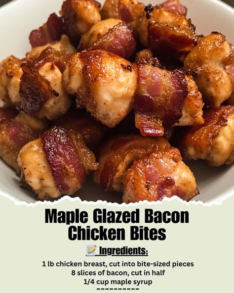 Easy Recipes By Crenn | 🥓 Maple Glazed Bacon Chicken Bites - your taste buds will thank you | Facebook Bacon Chicken Bites, Maple Glazed Bacon, Bacon Wrapped Chicken Bites, Tia Mowry, Bacon Chicken, Bacon Wrapped Chicken, Maple Bacon, Maple Glaze, Chicken Bites