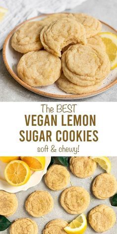 Truly the best easy Vegan Lemon Sugar Cookies! These soft & chewy lemon cookies made from scratch are so lemony and make the perfect simple sugar cookie recipe. Homemade vegan lemon cookies are amazing to serve at any party & make a great vegan co Vegan Lemon Cookies, Resepi Biskut, Sugar Cookie Recipe Easy, Lemon Sugar Cookies, Vegan Cookies Recipes, Vegan Cookie, Dessert Aux Fruits, Easy Sugar Cookies, Lemon Sugar