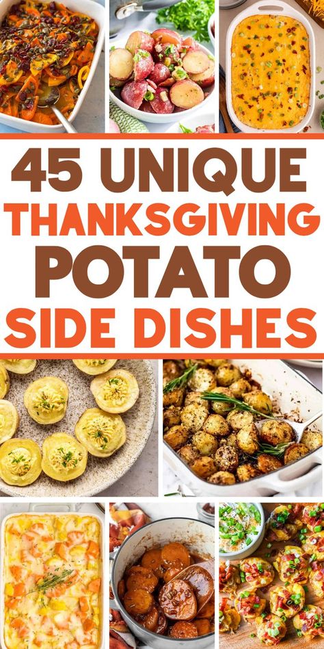 Unique potato side dishes for Thanksgiving, including mashed potato and sweet potato recipes, cheesy potatoes and scalloped potato dishes for your holiday menu. Turkey Dinner Sides, Healthy Holiday Side Dishes, Thanksgiving Vegetables Side Dishes, Thanksgiving Vegetable Sides, Healthy Thanksgiving Sides, Thanksgiving Turkey Dinner, Thanksgiving Side Dishes Healthy, Thanksgiving Vegetables, Thanksgiving Side Dishes Easy