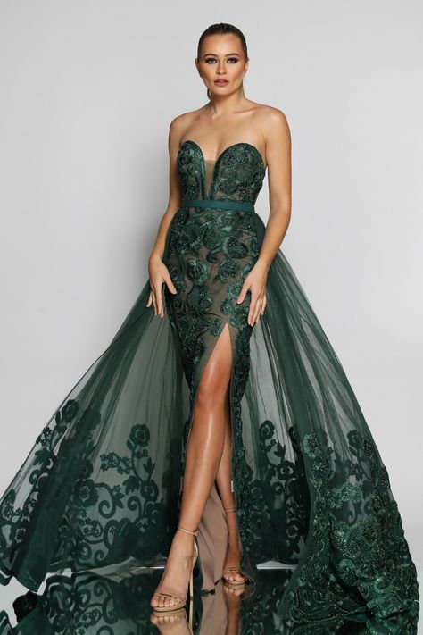 Evening Cocktail Dress, Sequin Evening Gowns, Strapless Evening Dress, Dress Hire, Lace Evening Gowns, Black Honey, Overlay Skirt, Lace Bridesmaids, Green Dresses