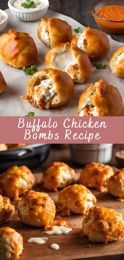 Buffalo Chicken Bombs Recipe | Cheff Recipes Blooming Buffalo Chicken Ring, Buffalo Chicken Croquettes, Buffalo Chicken Stuffed Jalapenos, Buffalo Chicken Charcuterie Board, Buffalo Garlic Knots, Fan Favorite Appetizers, Super Bowl Snack Ideas Appetizers, Buffalo Appetizer Recipes, Chicken Bombshell