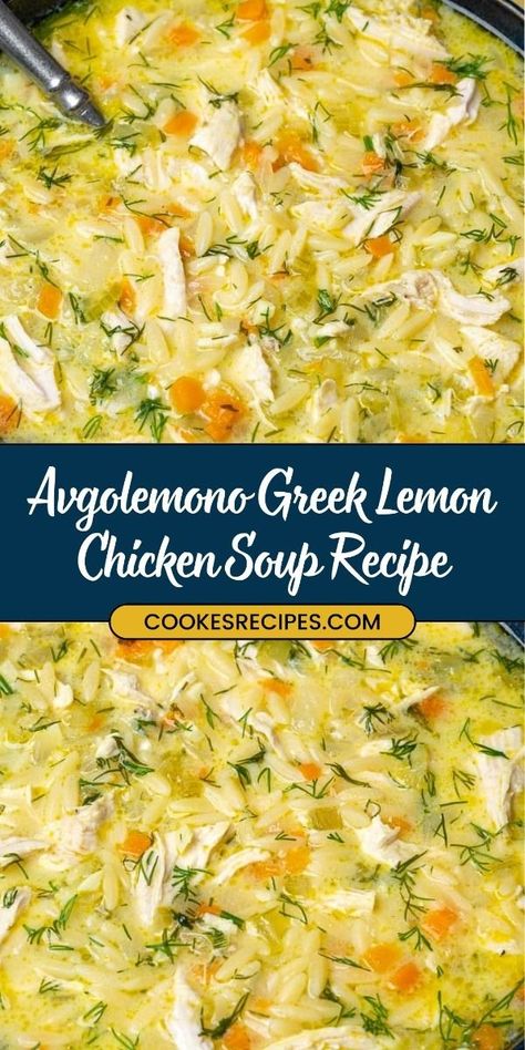 Warm up with this classic Avgolemono Greek Lemon Chicken Soup! A creamy, zesty blend of lemon, chicken, and rice, this traditional Greek soup is light yet comforting. Perfect for a refreshing yet cozy meal! #Avgolemono #GreekSoup #LemonChickenSoup Lemon Dill Chicken Rice Soup, Greek Rice Soup, Green Lemon Chicken Soup, Italian Lemon Chicken Soup, Chicken Soup Recipes Orzo, Roasted Garlic Chicken Soup, Greek Lemon Chicken Soup Instant Pot, Lemon Avgolemono Soup, Avgolemono Soup Instant Pot